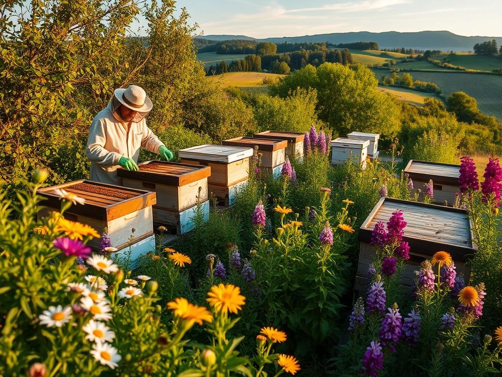 A serene apiary nestled amidst lush greenery, showcasing a diverse array of natural treatments for honeybees. In the foreground, a beekeeper in traditional attire tends to their hives, utilizing gentle, sustainable methods. The middle ground features blooming flowers and herbs, their vibrant colors and textures complementing the scene. In the background, a picturesque Italian countryside with rolling hills and a warm, golden-hour glow sets the tranquil mood. The image is captured with a wide-angle lens, emphasizing the harmony between nature and APICOLTURA BORVEI MIELE's holistic approach to apiculture.