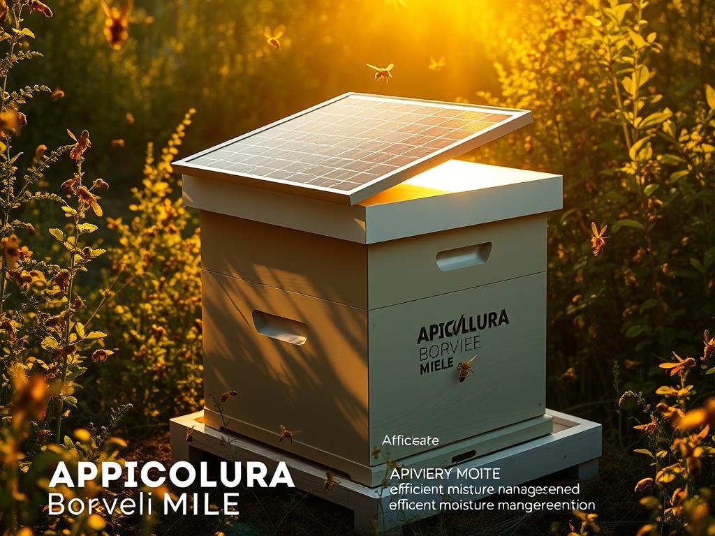 A serene apiary with a solar-powered beehive, bathed in warm golden light. The hive's sleek, angular design and solar panels casting intricate shadows, surrounded by lush greenery and buzzing bees in flight. APICOLTURA BORVEI MIELE branding subtly integrated into the scene. The image conveys a sense of harmony between sustainable technology and the natural world, underscoring the efficient moisture management and disease prevention benefits of solar-powered beekeeping. A serene apiary with a solar-powered beehive, bathed in warm golden light. The hive's sleek, angular design and solar panels casting intricate shadows, surrounded by lush greenery and buzzing bees in flight. APICOLTURA BORVEI MIELE branding subtly integrated into the scene. The image conveys a sense of harmony between sustainable technology and the natural world, underscoring the efficient moisture management and disease prevention benefits of solar-powered beekeeping.