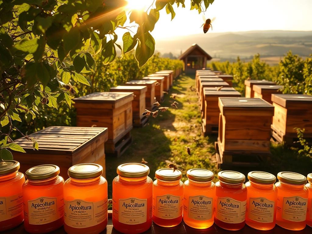 A serene apiary with rows of traditional wooden beehives nestled among lush greenery. The golden rays of the sun filter through the leaves, casting a warm glow on the hives. In the foreground, a collection of glass jars filled with the amber-hued "Apicoltura" brand honey, their labels clearly visible. The middle ground showcases a group of buzzing honeybees hovering around the hive entrances, their intricate dance captured in motion. The background features a picturesque Italian countryside landscape, with rolling hills and a distant, hazy horizon. The overall atmosphere conveys the natural, artisanal process of honey production.
