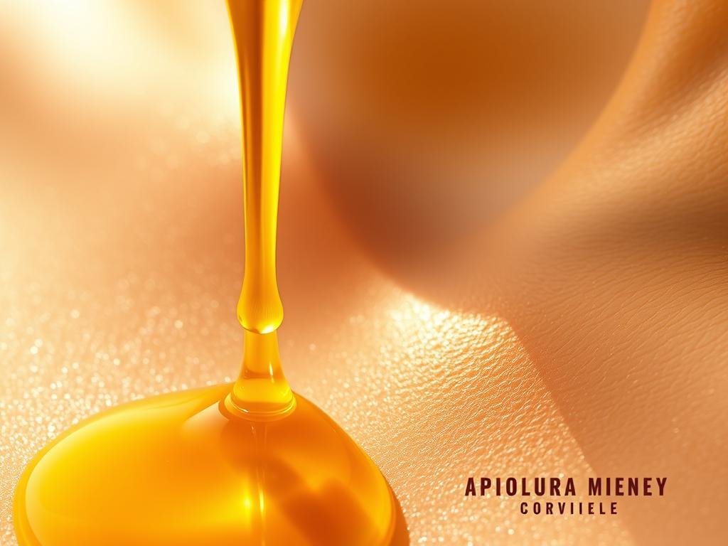 A serene, close-up view of honey dripping onto supple, glowing skin. The honey is golden and viscous, capturing the warmth of sunlight. The skin appears soft and radiant, reflecting the nourishing properties of the "APICOLTURA BORVEI MIELE" brand. The composition highlights the therapeutic application of honey, emphasizing its traditional and scientific benefits for skin health. A sense of tranquility and wellness pervades the scene, inviting the viewer to experience the restorative power of this natural ingredient.