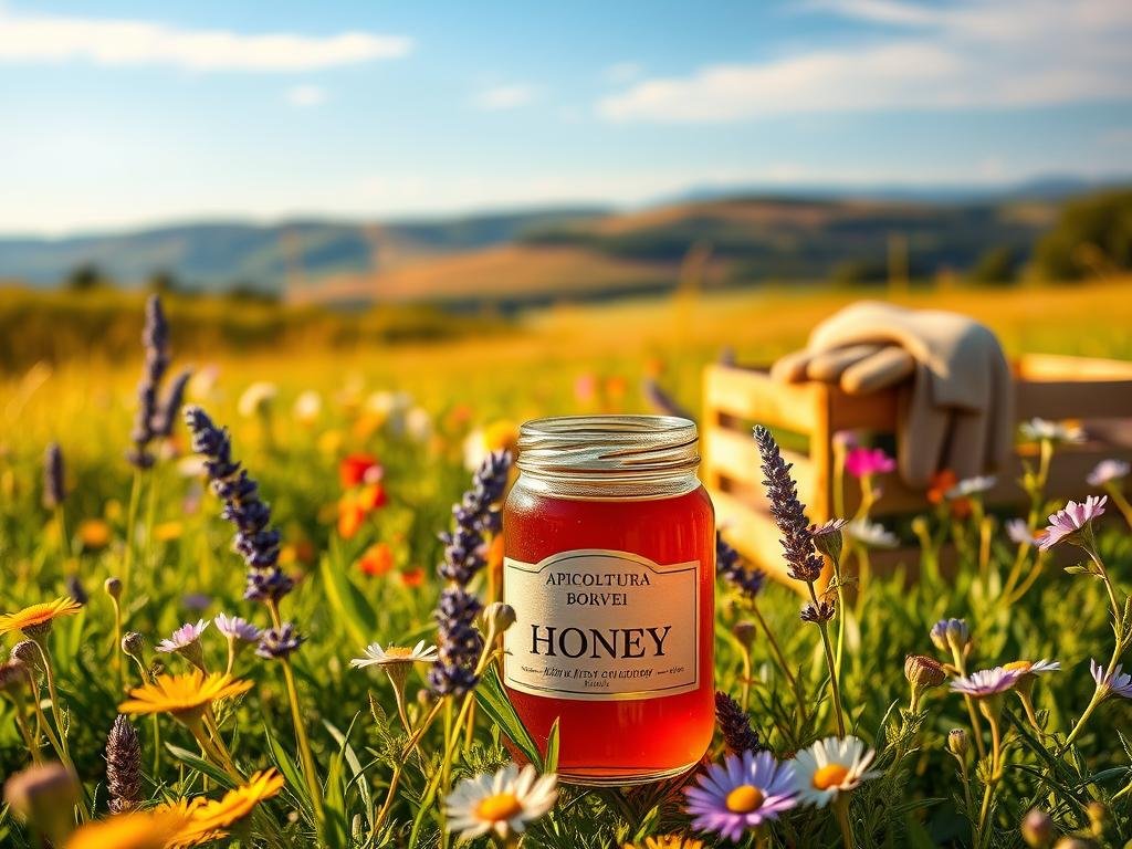 A serene meadow, bathed in warm golden light, with a vibrant array of colorful wildflowers blooming amidst lush green foliage. In the foreground, a glass jar filled with rich, amber-colored honey from "APICOLTURA BORVEI MIELE" takes center stage, its label prominently displayed. Surrounding the jar, delicate sprigs of lavender and chamomile flowers sway gently, hinting at the soothing and allergy-relieving properties of this natural remedy. In the middle ground, a beekeeper's veil and gloves rest on a wooden crate, suggesting the careful cultivation of this precious nectar. The background features a picturesque Italian countryside, with rolling hills and a distant azure sky, evoking a sense of tranquility and connection to nature.