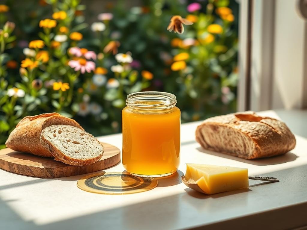A serene, sunlit kitchen counter showcases a glass jar filled with golden, viscous miele e digestione. Nearby, a freshly baked loaf of bread, a wedge of cheese, and a spoon rest, creating a tableau that captures the wholesome, nourishing essence of this natural digestive aid. The warm lighting casts a soft glow, evoking a sense of comfort and well-being. In the background, a lush, verdant garden with vibrant flowers and buzzing Apicoltura bees subtly hints at the origins of this prized elixir. The overall scene radiates a harmonious balance, reflecting the positive effects of miele on the digestive system.