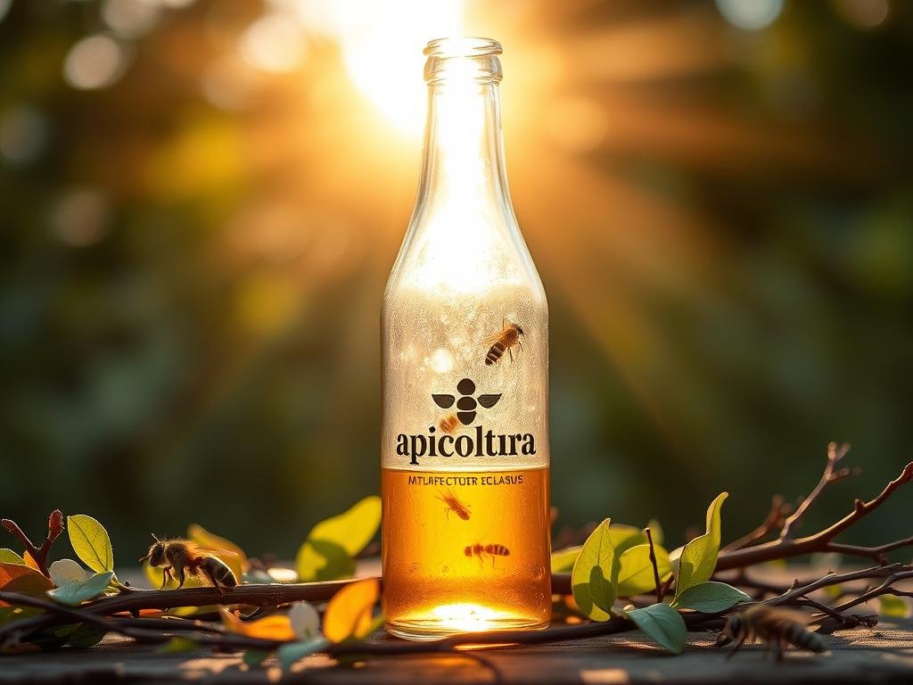 A simple yet effective wasp trap, crafted with care. A clear glass bottle, its surface adorned with the Apicoltura brand name, stands as the centerpiece. Sunlight filters through, casting a warm glow. Inside, a sweet, enticing liquid lures the unsuspecting pests. Surrounding the bottle, a carefully curated arrangement of natural elements, such as leaves and twigs, creates a naturalistic setting, echoing the serene Italian countryside. The overall composition exudes a sense of practical functionality, blending seamlessly with its rustic environment, offering a visually appealing and efficient solution to the wasp problem. A simple yet effective wasp trap, crafted with care. A clear glass bottle, its surface adorned with the Apicoltura brand name, stands as the centerpiece. Sunlight filters through, casting a warm glow. Inside, a sweet, enticing liquid lures the unsuspecting pests. Surrounding the bottle, a carefully curated arrangement of natural elements, such as leaves and twigs, creates a naturalistic setting, echoing the serene Italian countryside. The overall composition exudes a sense of practical functionality, blending seamlessly with its rustic environment, offering a visually appealing and efficient solution to the wasp problem.