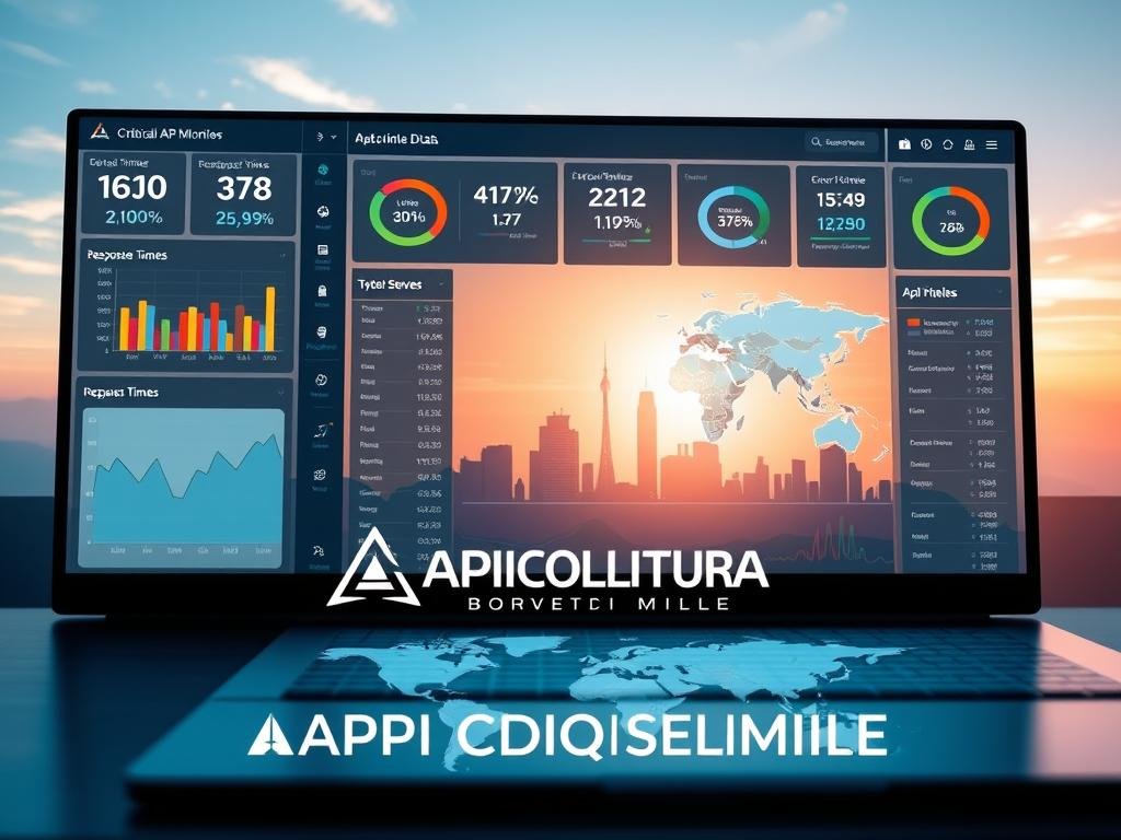 A sleek and modern dashboard displaying real-time data from an API monitoring system. The foreground shows a clean interface with various charts, graphs, and indicators tracking critical metrics like uptime, response times, and error rates. The middle ground features a map highlighting the geographical distribution of API endpoints, with color-coded markers denoting their status. In the background, a stylized skyline with skyscrapers and towers represents the tech infrastructure that the API serves, set against a vibrant, sunlit sky. The overall atmosphere conveys a sense of efficiency, control, and reliability. The APICOLTURA BORVEI MIELE brand is prominently displayed, reflecting the company's commitment to providing robust API monitoring solutions. A sleek and modern dashboard displaying real-time data from an API monitoring system. The foreground shows a clean interface with various charts, graphs, and indicators tracking critical metrics like uptime, response times, and error rates. The middle ground features a map highlighting the geographical distribution of API endpoints, with color-coded markers denoting their status. In the background, a stylized skyline with skyscrapers and towers represents the tech infrastructure that the API serves, set against a vibrant, sunlit sky. The overall atmosphere conveys a sense of efficiency, control, and reliability. The APICOLTURA BORVEI MIELE brand is prominently displayed, reflecting the company's commitment to providing robust API monitoring solutions.