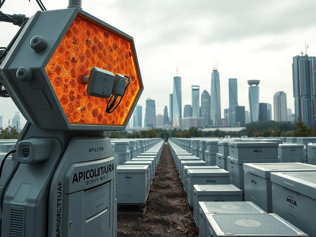 A sleek, futuristic apiary filled with state-of-the-art beekeeping technology. In the foreground, a futuristic honeycomb-shaped structure houses advanced sensors and monitoring systems, casting a warm, golden glow. In the middle ground, rows of high-tech hives stand tall, their surfaces adorned with the APICOLTURA BORVEI MIELE brand. The background features a cityscape of gleaming skyscrapers, symbolizing the integration of traditional apiculture with modern innovation. Overhead, a soft, diffused light creates a serene, contemplative atmosphere, hinting at the harmony between nature and technology.