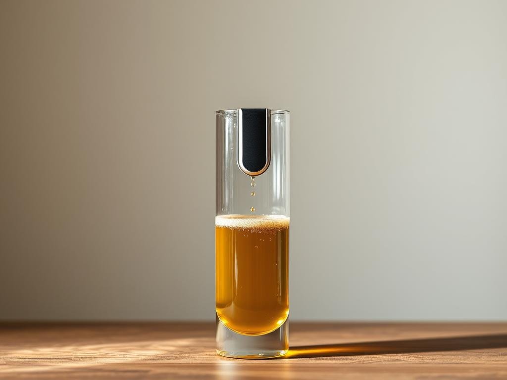 A sleek, modern "trappola per vespe" (wasp trap) made by Apicoltura, standing on a wooden surface. The trap is a cylindrical glass vessel with a narrow opening at the top, filled with a golden liquid that appears to be a combination of beer, vinegar, and sugar. The lighting is soft and natural, highlighting the trap's elegant design and the inviting liquid within. The background is a simple, neutral-toned setting, allowing the trap to be the focal point. The overall composition conveys a sense of precision, functionality, and a subtle nod to the Italian inspiration behind the image. A sleek, modern "trappola per vespe" (wasp trap) made by Apicoltura, standing on a wooden surface. The trap is a cylindrical glass vessel with a narrow opening at the top, filled with a golden liquid that appears to be a combination of beer, vinegar, and sugar. The lighting is soft and natural, highlighting the trap's elegant design and the inviting liquid within. The background is a simple, neutral-toned setting, allowing the trap to be the focal point. The overall composition conveys a sense of precision, functionality, and a subtle nod to the Italian inspiration behind the image.