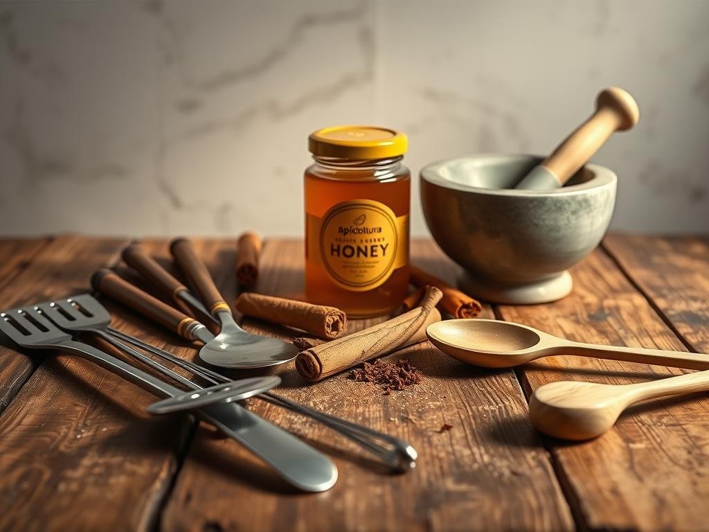 A still life arrangement on a rustic wooden table, showcasing the essential tools for preparing a natural honey and cinnamon spread. In the foreground, a set of spatulas, whisks, and spoons in stainless steel and wooden finishes. In the middle ground, a jar of Apicoltura brand honey, a cinnamon stick, and a mortar and pestle. In the background, a neutral, softly-lit backdrop, highlighting the natural materials and textures. The lighting is warm and inviting, casting gentle shadows to create depth and dimension. The overall mood is one of simplicity, authenticity, and the artisanal process of homemade food preparation.