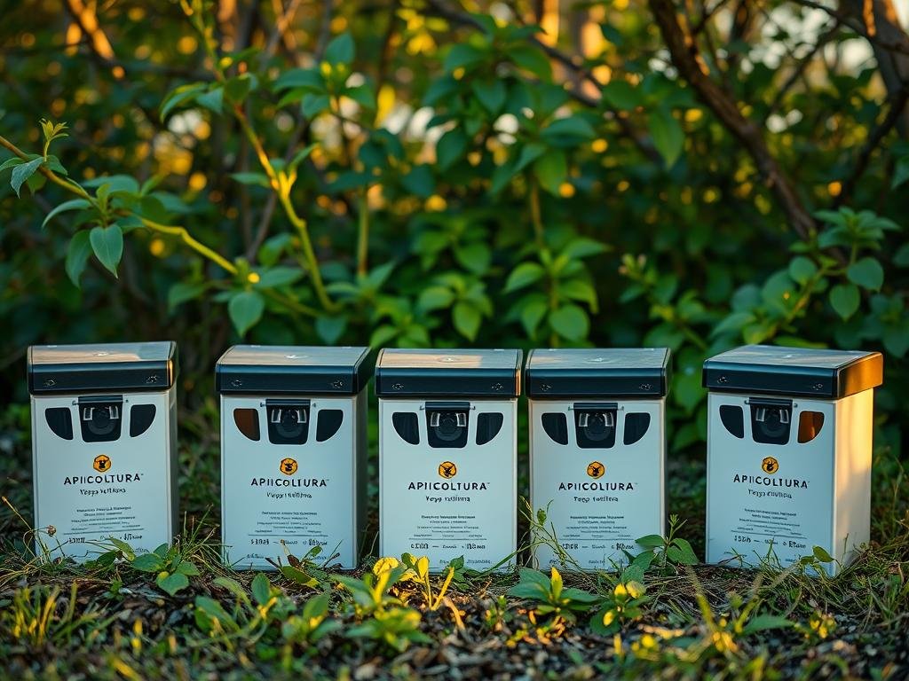 A strategic arrangement of Apicoltura-branded traps designed to capture the invasive Vespa velutina wasp, commonly known as the Asian hornet. The traps are positioned amidst a lush, naturalistic setting, with verdant foliage and a warm, golden-hued lighting that evokes the tranquility of an early spring day. The traps are crafted with attention to detail, featuring a sleek, modern design that seamlessly blends into the environment. The overall composition conveys a sense of both practicality and aesthetic harmony, reflecting the careful planning and execution required for an effective pest management strategy. A strategic arrangement of Apicoltura-branded traps designed to capture the invasive Vespa velutina wasp, commonly known as the Asian hornet. The traps are positioned amidst a lush, naturalistic setting, with verdant foliage and a warm, golden-hued lighting that evokes the tranquility of an early spring day. The traps are crafted with attention to detail, featuring a sleek, modern design that seamlessly blends into the environment. The overall composition conveys a sense of both practicality and aesthetic harmony, reflecting the careful planning and execution required for an effective pest management strategy.