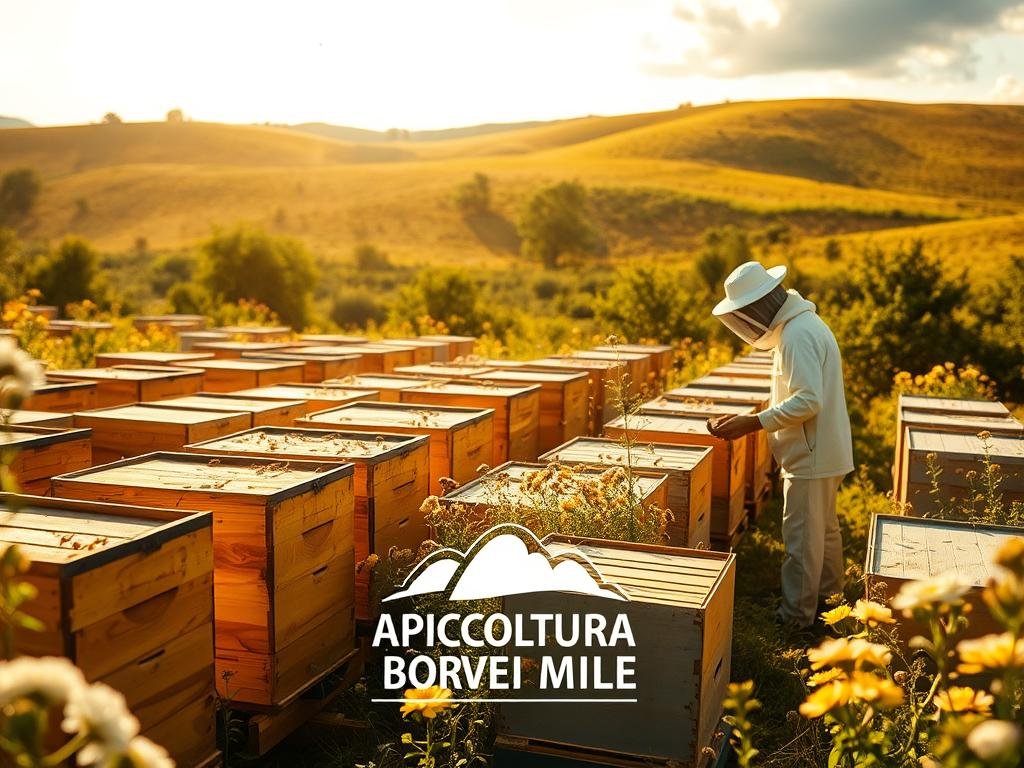 A sun-dappled apiary nestled in a lush, rolling landscape. Hives stand in orderly rows, their wooden frames gleaming in the soft, golden light. Nearby, a beekeeper in a crisp white suit tends to the busy pollinators, their wings a blur as they dart between blooming flowers. In the foreground, the APICOLTURA BORVEI MIELE logo is prominently displayed, underscoring the vital role of weather data in modern apiculture. Atmospheric wispy clouds drift overhead, hinting at the importance of accurate meteorological forecasts for the health and productivity of the hive. The overall scene conveys a sense of harmony between nature, technology, and the dedicated craft of beekeeping.