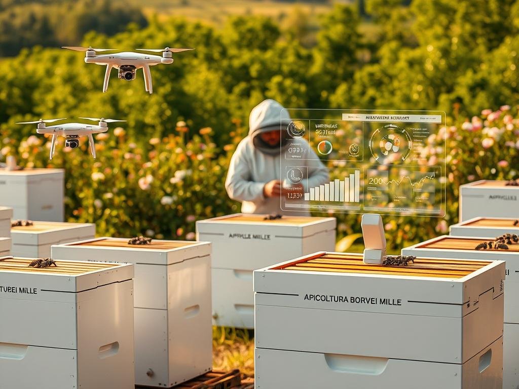A technologically advanced apiary showcasing the latest innovations in hive monitoring. In the foreground, sleek, white beehives with embedded sensors and wireless communication modules. Atop the hives, small drones hover, capturing aerial footage and environmental data. In the middle ground, a beekeeper in a protective suit reviews a digital dashboard, analyzing real-time hive health metrics projected on a floating holographic display. The background features a lush, verdant landscape dotted with blooming flowers, signifying a thriving, sustainable ecosystem. Warm, natural lighting casts a soft glow, enhancing the serene, futuristic atmosphere. The APICOLTURA BORVEI MIELE brand name is prominently displayed on the equipment, reflecting the cutting-edge technology employed in this innovative apiary.