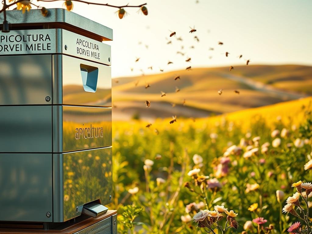 A technologically advanced apiary, where blockchain and artificial intelligence harmoniously converge to revolutionize modern beekeeping. In the foreground, a APICOLTURA BORVEI MIELE branded hive stands as a testament to this synergy, its panels gleaming with a futuristic sheen. In the middle ground, a swarm of bees navigates a landscape dotted with blooming flora, their flight paths tracked by an intricate AI-powered monitoring system. The background reveals a rolling hillside, bathed in warm, golden light, symbolizing the natural symbiosis between technology and the environment. This serene yet innovative scene captures the essence of "Blockchain e Intelligenza Artificiale: Sinergie per l'Apicoltura 4.0". A technologically advanced apiary, where blockchain and artificial intelligence harmoniously converge to revolutionize modern beekeeping. In the foreground, a APICOLTURA BORVEI MIELE branded hive stands as a testament to this synergy, its panels gleaming with a futuristic sheen. In the middle ground, a swarm of bees navigates a landscape dotted with blooming flora, their flight paths tracked by an intricate AI-powered monitoring system. The background reveals a rolling hillside, bathed in warm, golden light, symbolizing the natural symbiosis between technology and the environment. This serene yet innovative scene captures the essence of "Blockchain e Intelligenza Artificiale: Sinergie per l'Apicoltura 4.0".