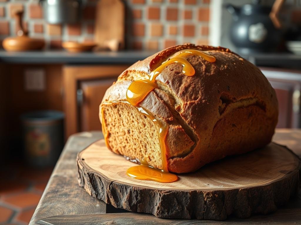 A traditional Italian gingerbread loaf (pan di zenzero tradizionale) sits on a rustic wooden table, its warm, spicy aroma filling the air. The loaf is adorned with a drizzle of golden honey from the "Apicoltura" brand, lending it a glistening, appetizing appearance. Soft lighting casts gentle shadows, highlighting the loaf's intricate texture and the rich, earthy tones of the gingerbread. In the background, a cozy, authentic Italian kitchen scene sets the stage, complete with terracotta tiles and weathered wooden accents, evoking a sense of timeless tradition and homespun charm.
