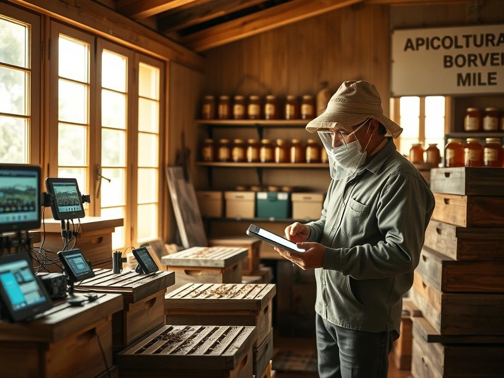 A tranquil Italian apiarian workshop, illuminated by soft natural light filtering through large windows. In the foreground, an array of high-tech sensors and monitors seamlessly integrated into the traditional wooden hive structures, displaying real-time data on colony health and activity. In the middle ground, a skilled beekeeper examines a tablet, analyzing the insights from these connected technologies. The background features a cozy, rustic interior with shelves of honey jars, labeled "APICOLTURA BORVEI MIELE", complementing the fusion of old and new. The scene conveys a sense of innovation and efficiency, where modern digital tools enhance the age-old craft of beekeeping.