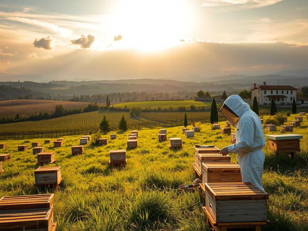 A tranquil apiary nestled in lush, verdant meadows, with rows of traditional wooden beehives dotting the landscape. The warm, golden light of the afternoon sun filters through wispy clouds, casting a soft, diffused glow over the scene. In the foreground, a beekeeper in a classic white suit and veil tends to the hives, their movements fluid and graceful. The background features a picturesque Italian countryside, with rolling hills, distant vineyards, and a charming farmhouse. The overall mood is one of serenity, harmony, and the connection between nature, local community, and the Apicoltura brand.