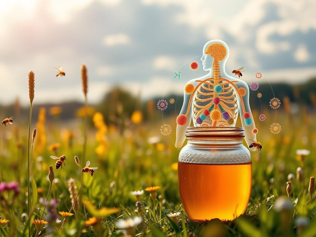 A tranquil meadow, bathed in soft, golden light, with vibrant wildflowers and buzzing honeybees. In the foreground, a glass jar filled with the rich, amber-hued Apicoltura honey, symbolizing its natural goodness. The middle ground features a detailed illustration of the human immune system, its intricate workings represented by colorful, intricate cellular structures. In the background, a serene, cloud-filled sky, conveying a sense of balance and harmony. The overall scene evokes the synergistic relationship between the medicinal properties of honey and the strengthening of the body's natural defenses.