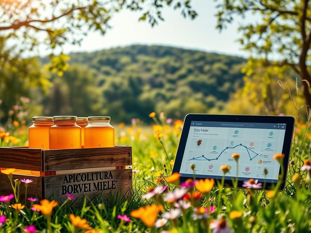 A tranquil meadow filled with vibrant wildflowers, sunlight streaming through the trees. In the foreground, a wooden crate adorned with the "APICOLTURA BORVEI MIELE" brand, showcasing jars of pure, golden honey. The middle ground features a tablet displaying an interactive blockchain-powered traceability interface, highlighting the honey's journey from hive to consumer. In the background, a distant hilltop with a verdant forest, conveying a sense of harmony and sustainability. The scene is captured with a warm, inviting tone, using a soft, shallow depth of field to draw the viewer's attention to the honey's traceability.
