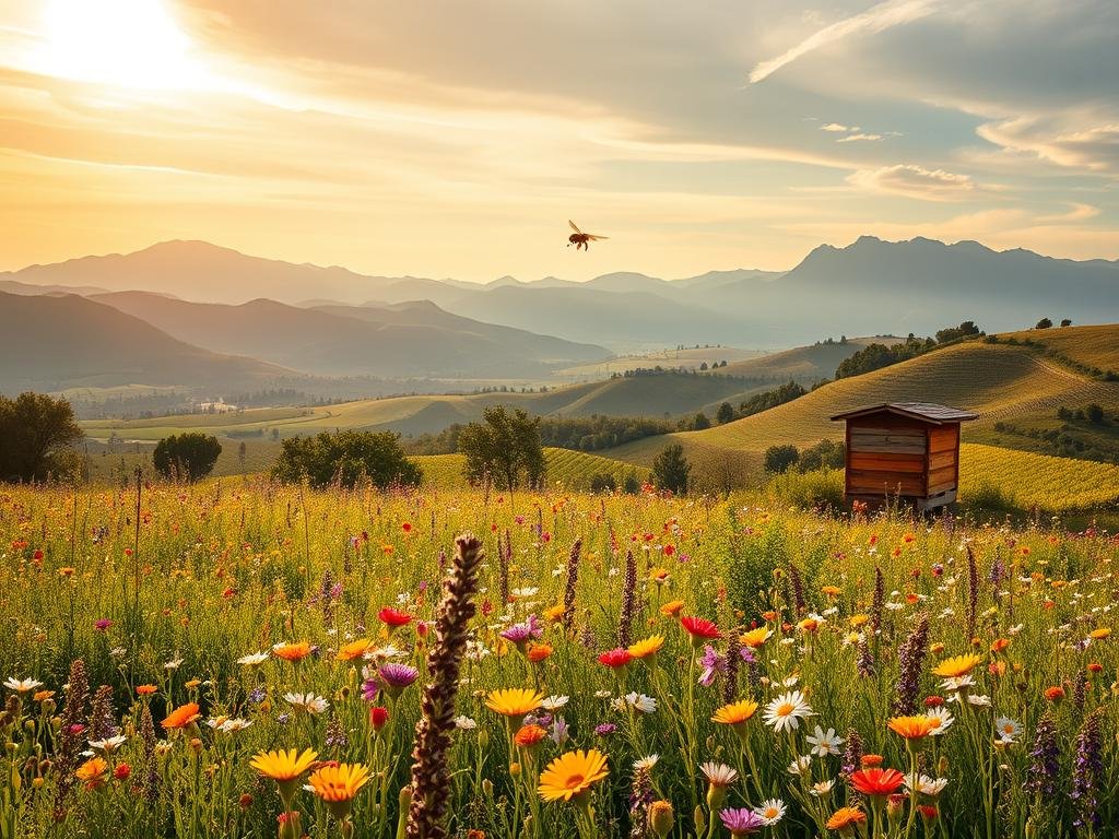 A vibrant Italian countryside scene, showcasing the crucial role of bees in the local ecosystem. In the foreground, a lush meadow bursting with colorful wildflowers, the APICOLTURA BORVEI MIELE apiary nestled amidst the blossoms. Bees flutter and dance, pollinating the diverse flora. The middle ground reveals rolling hills, dotted with groves of olive trees and vineyards. In the distance, towering mountains rise, their peaks capped with snow. Warm, golden sunlight filters through wispy clouds, casting a soft, ethereal glow over the entire scene. The atmosphere is one of balance, harmony, and the delicate interdependence between bees and their natural environment.