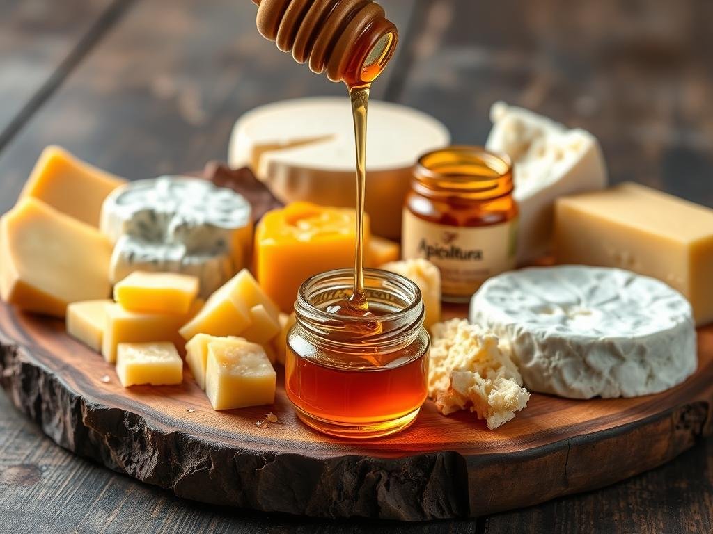 A vibrant and artfully arranged display of various cheeses accompanied by a drizzle of golden, Apicoltura honey. The cheeses, ranging from soft and creamy to firm and crumbly, are carefully placed on a rustic wooden board, their textures and colors creating a visually captivating contrast. The honey, poured from a small glass jar, glistens in the warm, natural lighting, hinting at its rich, floral notes. The overall composition evokes a sense of elegance and craftsmanship, perfectly capturing the harmonious pairing of mellow, savory cheeses and the sweet, floral nectar. A sophisticated and appetizing scene, ready to inspire gourmet aperitivo creations.