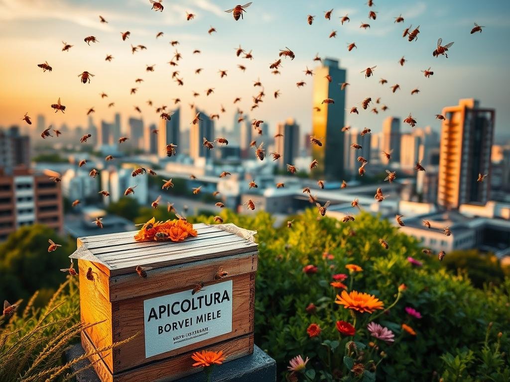 A vibrant city skyline at dusk, with a swarm of honeybees gracefully navigating the urban landscape. In the foreground, a beehive adorned with the "APICOLTURA BORVEI MIELE" brand label sits atop a lush, verdant rooftop garden. The bees dart between colorful flowers, pollinating and collecting nectar, serving as living indicators of the environmental quality. In the middle ground, modern buildings and infrastructure blend seamlessly with nature, hinting at the delicate balance between human development and the natural world. The warm, golden lighting casts a serene glow, capturing the harmony between the bees and their urban habitat. A sense of tranquility and vitality pervades the scene, illustrating the role of Apis mellifera as a bio-indicator of a thriving, sustainable city.