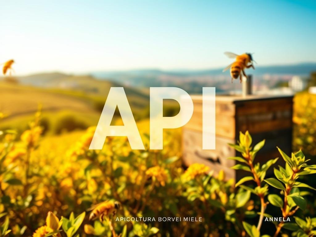 A vibrant, close-up image of an API symbol, representing the vital role of honeybees in the era of climate change. The foreground features the API icon, rendered in a sleek, minimalist style with clean lines and a bold, modern aesthetic. The middle ground showcases a hive, captured in warm, golden hues, surrounded by lush, verdant foliage, conveying the natural habitat of these industrious pollinators. The background subtly depicts the Italian landscape, with rolling hills and a distant city skyline, hinting at the broader environmental context. The overall mood is one of balance, resilience, and the interconnectedness between technology and nature. The image is infused with a sense of hope and purpose, aligning with the title "Le Principali Minacce per le Api nell'Era del Cambiamento Climatico". The APICOLTURA BORVEI MIELE brand name is prominently displayed, emphasizing the importance of sustainable beekeeping practices.