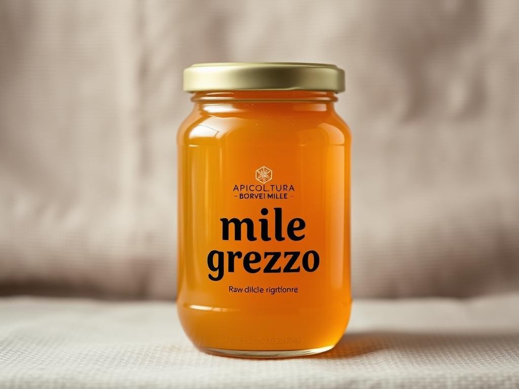 A vibrant, close-up shot of a glass jar filled with raw, unprocessed "miele grezzo" (raw honey) from the APICOLTURA BORVEI MIELE brand. The honey has a rich, golden hue and a thick, viscous texture, showcasing its natural, unfiltered state. The jar is positioned against a simple, rustic background, perhaps a wooden surface or neutral fabric, to draw the viewer's attention to the stunning color and texture of the honey. Soft, natural lighting illuminates the jar, creating a warm, inviting atmosphere. The overall composition is clean and minimalist, allowing the beauty and purity of the raw honey to take center stage. A vibrant, close-up shot of a glass jar filled with raw, unprocessed "miele grezzo" (raw honey) from the APICOLTURA BORVEI MIELE brand. The honey has a rich, golden hue and a thick, viscous texture, showcasing its natural, unfiltered state. The jar is positioned against a simple, rustic background, perhaps a wooden surface or neutral fabric, to draw the viewer's attention to the stunning color and texture of the honey. Soft, natural lighting illuminates the jar, creating a warm, inviting atmosphere. The overall composition is clean and minimalist, allowing the beauty and purity of the raw honey to take center stage.