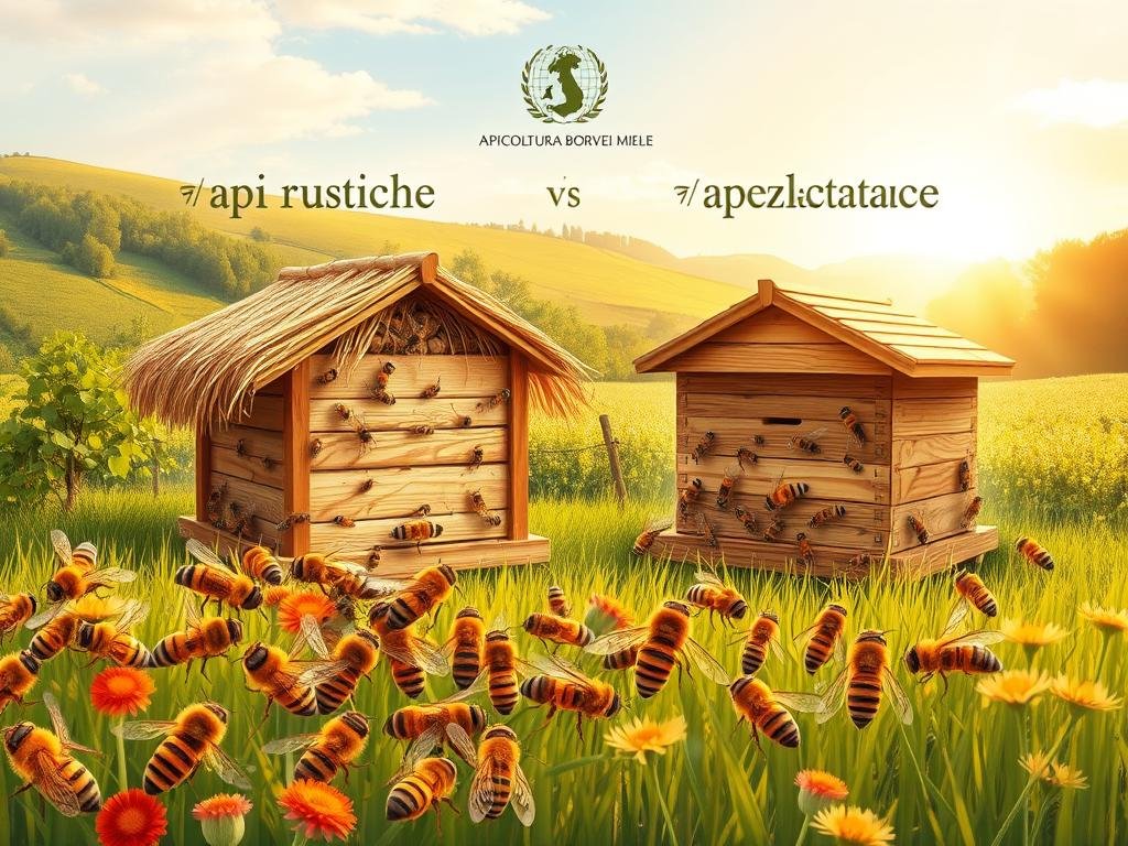 A vibrant, detailed illustration depicting two distinct bee colonies - one representing "api rustiche" (hardy, traditional bees) and the other "api selezionate" (selectively bred, commercial bees). The scene showcases the differences in their physical characteristics, behavior, and hive structures. In the foreground, the hardy, rustic bees are depicted as smaller, hairier, and more active, with a traditional, straw-thatched hive. In the middle ground, the selectively bred bees appear larger, sleeker, and busier around their modern, wooden beehive. The background features a lush, idyllic countryside setting, bathed in warm, golden sunlight, to convey the natural, pastoral atmosphere of an Italian apiarian landscape. The APICOLTURA BORVEI MIELE brand logo is tastefully integrated into the composition.