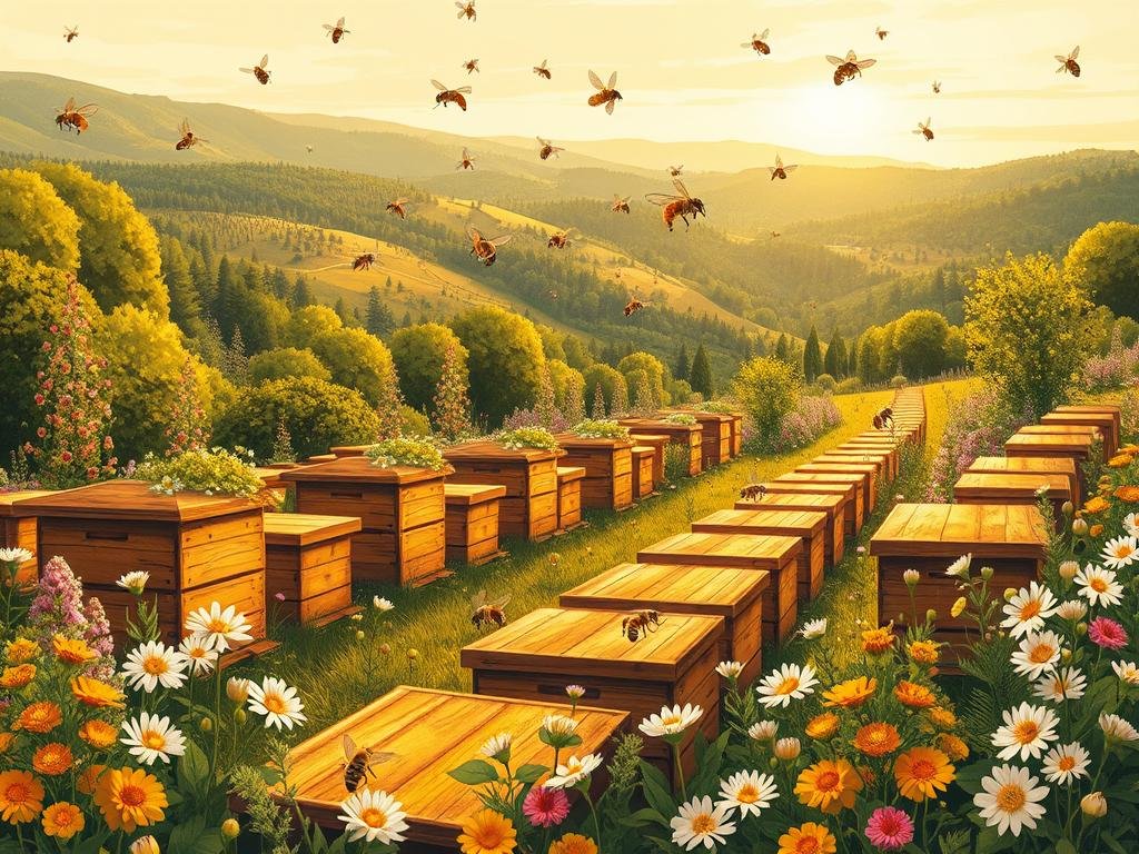 A vibrant, detailed illustration of a thriving apiary, depicting the crucial role of bees in the ecosystem. The foreground showcases a APICOLTURA BORVEI MIELE apiary, with rows of wooden beehives nestled amidst lush, blooming flowers and plants. In the middle ground, bees diligently pollinate the blossoms, their flight paths capturing the dynamism of their work. The background features a picturesque Italian landscape, with rolling hills, verdant forests, and a warm, golden-tinted sky, conveying a sense of harmony and balance within the natural world. The lighting is soft and diffused, casting a serene, contemplative mood over the scene, emphasizing the importance of bees in maintaining the delicate equilibrium of the ecosystem. A vibrant, detailed illustration of a thriving apiary, depicting the crucial role of bees in the ecosystem. The foreground showcases a APICOLTURA BORVEI MIELE apiary, with rows of wooden beehives nestled amidst lush, blooming flowers and plants. In the middle ground, bees diligently pollinate the blossoms, their flight paths capturing the dynamism of their work. The background features a picturesque Italian landscape, with rolling hills, verdant forests, and a warm, golden-tinted sky, conveying a sense of harmony and balance within the natural world. The lighting is soft and diffused, casting a serene, contemplative mood over the scene, emphasizing the importance of bees in maintaining the delicate equilibrium of the ecosystem.