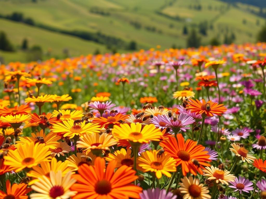 A vibrant field of colorful flowers, bathed in warm sunlight, attracts a diverse array of pollinating bees. In the foreground, bursts of vivid yellows, oranges, and reds draw the eye, while in the middle ground, delicate purples, pinks, and blues add depth and variety. The background features a lush, green landscape, creating a natural and serene setting. The image is captured with a wide-angle lens, providing a panoramic view that emphasizes the abundance and diversity of the floral display. The overall mood is one of vitality and harmony, showcasing the essential relationship between flowers and their pollinator partners. APICOLTURA BORVEI MIELE A vibrant field of colorful flowers, bathed in warm sunlight, attracts a diverse array of pollinating bees. In the foreground, bursts of vivid yellows, oranges, and reds draw the eye, while in the middle ground, delicate purples, pinks, and blues add depth and variety. The background features a lush, green landscape, creating a natural and serene setting. The image is captured with a wide-angle lens, providing a panoramic view that emphasizes the abundance and diversity of the floral display. The overall mood is one of vitality and harmony, showcasing the essential relationship between flowers and their pollinator partners. APICOLTURA BORVEI MIELE