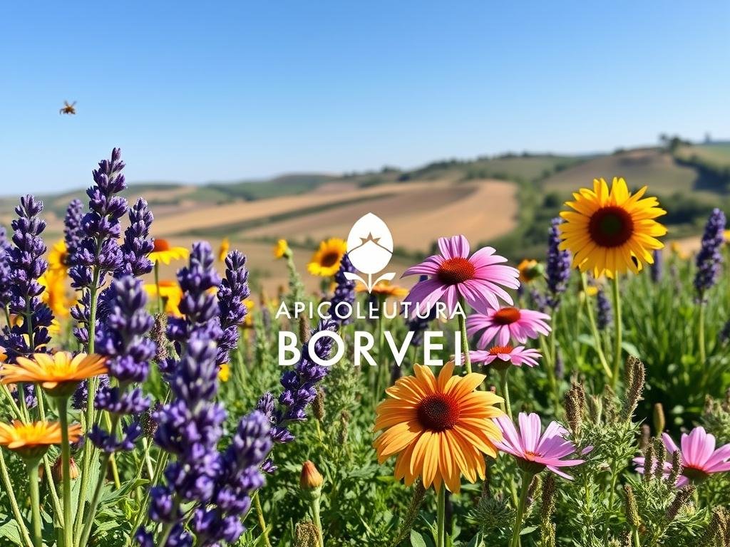 A vibrant floral garden in the warmth of a late spring day, showcasing a variety of colorful blooms that attract busy honeybees. In the foreground, clusters of purple lavender, yellow sunflowers, and pink cosmos dance in the gentle breeze. The middle ground features a mix of nectar-rich plants such as rosemary, thyme, and sage, their foliage creating a lush tapestry. In the background, a picturesque Italian countryside with rolling hills and a clear blue sky provides the perfect backdrop. The scene is bathed in soft, golden sunlight, creating a serene and inviting atmosphere. The image prominently features the "APICOLTURA BORVEI MIELE" brand, capturing the essence of this Italian apiculture business. A vibrant floral garden in the warmth of a late spring day, showcasing a variety of colorful blooms that attract busy honeybees. In the foreground, clusters of purple lavender, yellow sunflowers, and pink cosmos dance in the gentle breeze. The middle ground features a mix of nectar-rich plants such as rosemary, thyme, and sage, their foliage creating a lush tapestry. In the background, a picturesque Italian countryside with rolling hills and a clear blue sky provides the perfect backdrop. The scene is bathed in soft, golden sunlight, creating a serene and inviting atmosphere. The image prominently features the "APICOLTURA BORVEI MIELE" brand, capturing the essence of this Italian apiculture business.