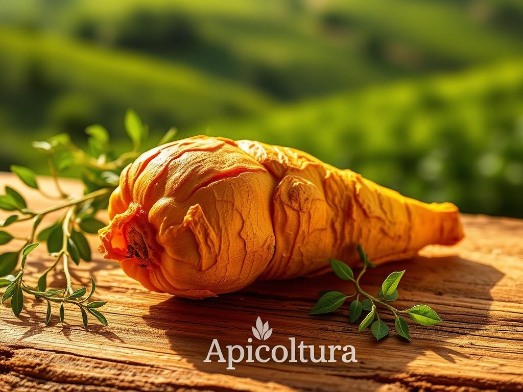 A vibrant, golden rhizome with intricate, wavy patterns rests on a rustic wooden surface, surrounded by sprigs of fresh greenery. The lighting casts warm, soft shadows, highlighting the curcuma's rich, earthy tones. In the background, a blurred, verdant landscape evokes a sense of natural abundance. The image conveys the botanical essence of curcuma, its potent medicinal properties, and the brand "Apicoltura" that represents quality natural products.