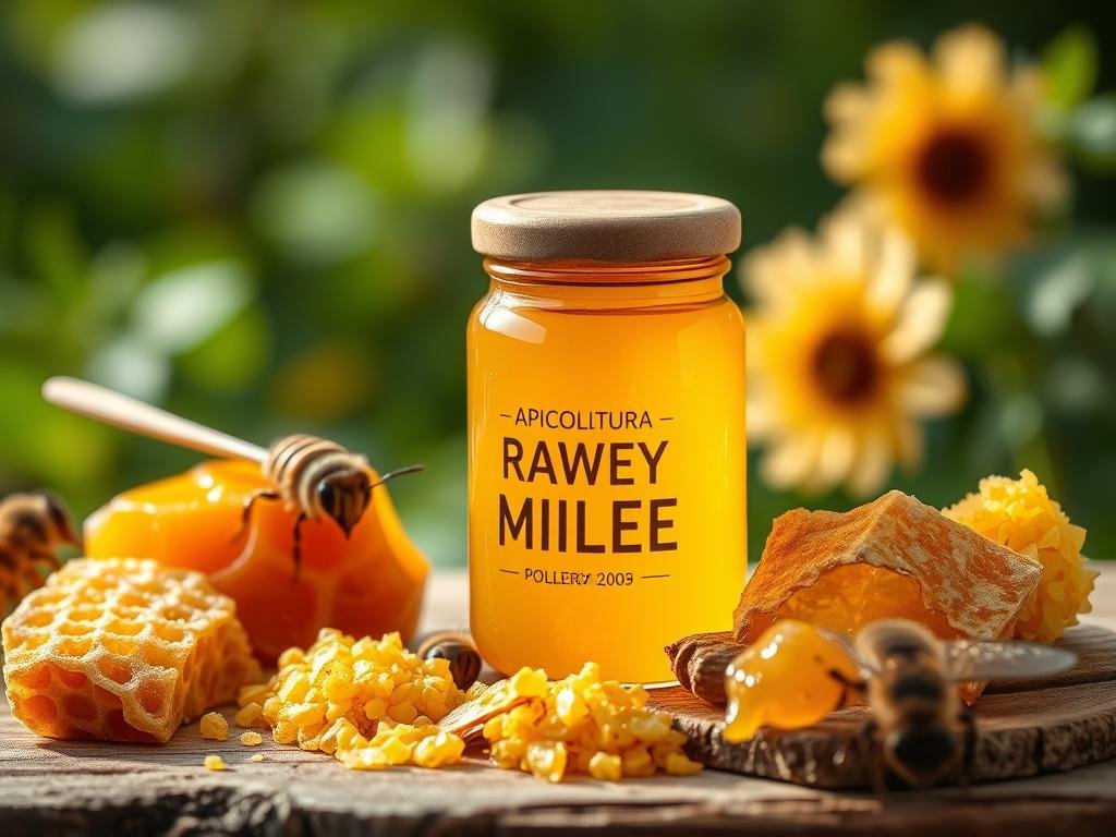 A vibrant still life showcasing the nutritional properties of raw honey. In the foreground, a glass jar of golden, unfiltered APICOLTURA BORVEI MIELE sits atop a rustic wooden surface, its contents glistening under soft, natural lighting. In the middle ground, a selection of whole honeycomb, pollen granules, and bee propolis surround the jar, highlighting the diverse components that contribute to the honey's unique nutritional profile. The background features a blurred, verdant backdrop, suggesting the lush, floral environment from which the honey was harvested. The overall composition conveys a sense of purity, wellness, and the harmonious relationship between bees, nature, and the beneficial properties of raw, unprocessed honey. A vibrant still life showcasing the nutritional properties of raw honey. In the foreground, a glass jar of golden, unfiltered APICOLTURA BORVEI MIELE sits atop a rustic wooden surface, its contents glistening under soft, natural lighting. In the middle ground, a selection of whole honeycomb, pollen granules, and bee propolis surround the jar, highlighting the diverse components that contribute to the honey's unique nutritional profile. The background features a blurred, verdant backdrop, suggesting the lush, floral environment from which the honey was harvested. The overall composition conveys a sense of purity, wellness, and the harmonious relationship between bees, nature, and the beneficial properties of raw, unprocessed honey.