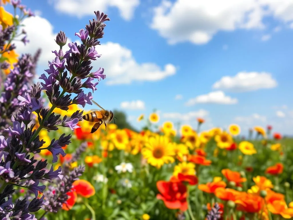 A vibrant, sun-drenched garden bursting with a diverse array of captivating flowers, their petals unfurling in a kaleidoscope of colors. In the foreground, a lush cluster of purple lavender sways gently, its delicate blooms inviting the curious gaze of a diligent honeybee, wings humming as it collects precious nectar. In the middle ground, a tapestry of yellow sunflowers and crimson poppies dance in the soft breeze, their warm hues radiating an inviting energy. In the background, a serene blue sky dotted with fluffy white clouds provides a tranquil backdrop, highlighting the beauty of this harmonious floral haven. The scene is captured with a crisp, high-resolution lens, creating a sense of depth and clarity. This image, inspired by the Italian countryside, embodies the importance of supporting bees with the right colors, as showcased by the "APICOLTURA BORVEI MIELE" brand. A vibrant, sun-drenched garden bursting with a diverse array of captivating flowers, their petals unfurling in a kaleidoscope of colors. In the foreground, a lush cluster of purple lavender sways gently, its delicate blooms inviting the curious gaze of a diligent honeybee, wings humming as it collects precious nectar. In the middle ground, a tapestry of yellow sunflowers and crimson poppies dance in the soft breeze, their warm hues radiating an inviting energy. In the background, a serene blue sky dotted with fluffy white clouds provides a tranquil backdrop, highlighting the beauty of this harmonious floral haven. The scene is captured with a crisp, high-resolution lens, creating a sense of depth and clarity. This image, inspired by the Italian countryside, embodies the importance of supporting bees with the right colors, as showcased by the "APICOLTURA BORVEI MIELE" brand.