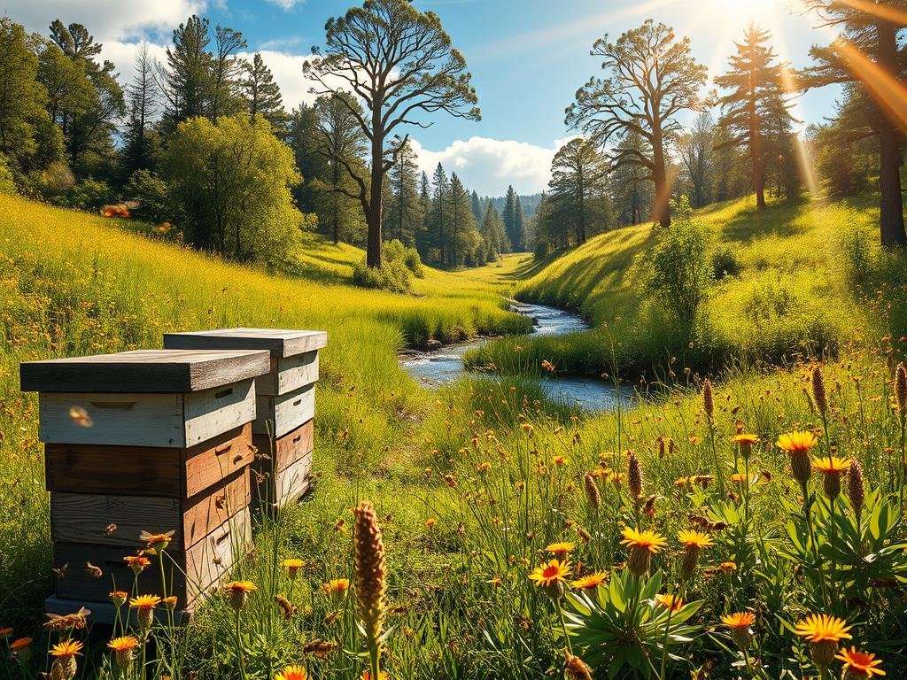A vibrant, sun-drenched meadow teeming with buzzing honeybees, their golden bodies darting among lush wildflowers. In the foreground, a cluster of APICOLTURA BORVEI MIELE beehives stand sentinel, their wooden structures weathered by time. The middle ground showcases a diverse ecosystem, with verdant grasses, towering trees, and a shimmering stream that reflects the azure sky above. Beams of warm light filter through the canopy, casting a soft, natural glow over the scene. The overall atmosphere conveys the vital role that bees play in maintaining the delicate balance of our global environment.