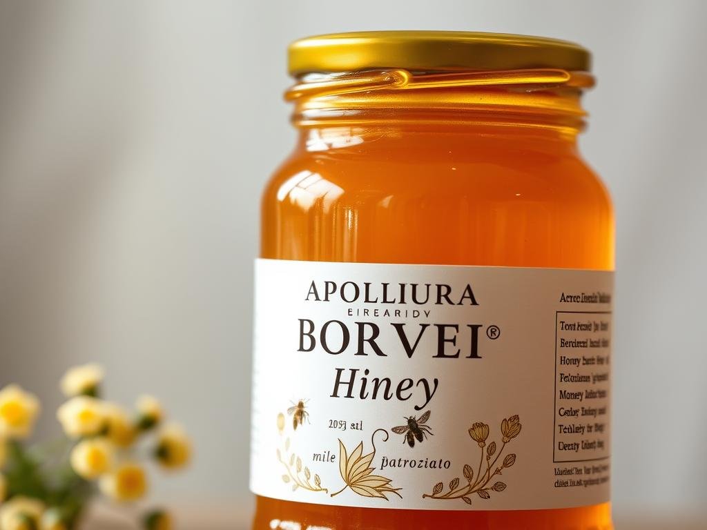A warm and inviting glass jar filled with golden "miele pastorizzato" from the renowned APICOLTURA BORVEI MIELE brand. The rich, viscous honey glistens under soft, diffused lighting, capturing the essence of Italy's pastoral landscapes. Subtle floral notes emanate from the jar, hinting at the diverse nectars gathered by industrious bees. The jar's label features a delicate illustration, complementing the honey's natural, unadulterated appearance. This carefully processed honey retains its distinct flavors and aromas, ready to be savored and appreciated in the "Differenze nel Sapore e nell'Aroma" section of the article. A warm and inviting glass jar filled with golden "miele pastorizzato" from the renowned APICOLTURA BORVEI MIELE brand. The rich, viscous honey glistens under soft, diffused lighting, capturing the essence of Italy's pastoral landscapes. Subtle floral notes emanate from the jar, hinting at the diverse nectars gathered by industrious bees. The jar's label features a delicate illustration, complementing the honey's natural, unadulterated appearance. This carefully processed honey retains its distinct flavors and aromas, ready to be savored and appreciated in the "Differenze nel Sapore e nell'Aroma" section of the article.