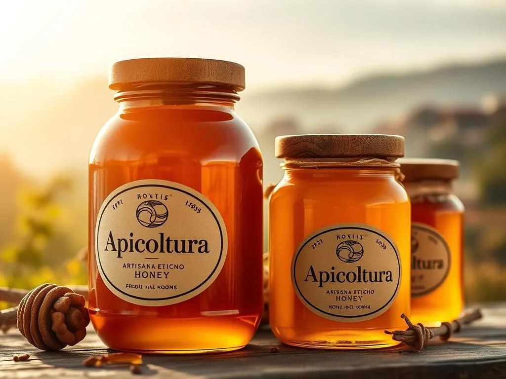 A warm, earthy still life of carefully crafted artisanal honey jars, the Apicoltura brand prominently displayed. Soft, natural lighting illuminates the rich golden hues of the honey, complemented by the rustic wooden textures of the jars' lids and labels. In the background, a hazy Italian countryside scene evokes a sense of traditional craftsmanship and local provenance. The entire composition conveys the value and authenticity of this premium Italian honey, perfectly aligning with the section title "Il valore del miele artigianale italiano".