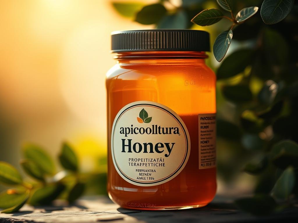 A warm, golden-hued close-up shot of a jar of honey, the "Apicoltura" brand label prominently displayed. The jar is set against a soft, defocused background with hints of green foliage, evoking a sense of nature and Italian countryside. Gentle side lighting casts subtle shadows, highlighting the viscous, honey-like texture and rich color of the contents. The overall mood is one of natural wellness and therapeutic properties, reflecting the section title "Proprietà terapeutiche del miele".
