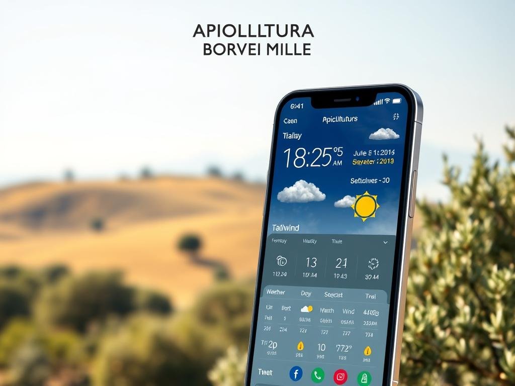 A warm, vibrant image of a mobile app interface designed specifically for beekeepers. The app's logo, "APICOLTURA BORVEI MIELE", is prominently displayed at the top. The main screen showcases a detailed weather forecast, with customized icons and information tailored to the needs of apiculturists, such as temperature, humidity, wind, and precipitation levels. The background features a softly blurred Italian countryside landscape, with rolling hills, olive trees, and a hazy blue sky. The overall composition creates a sense of utility, functionality, and a connection to the natural world that beekeepers rely on.