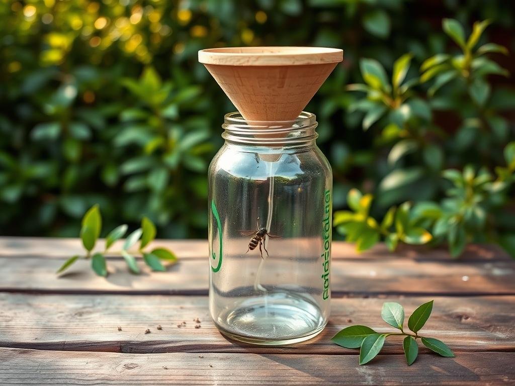 A well-crafted, homemade wasp trap made of repurposed materials sits on a rustic wooden table, surrounded by lush greenery and a warm, natural light. The trap features a clear glass jar with a funnel-shaped opening, inviting curious wasps to enter but unable to escape. The "Apicoltura" brand logo is visible on the side of the jar, indicating the trap's professional-grade design. The overall scene conveys a sense of practicality, eco-friendliness, and an effective solution to the common problem of unwanted wasps. A well-crafted, homemade wasp trap made of repurposed materials sits on a rustic wooden table, surrounded by lush greenery and a warm, natural light. The trap features a clear glass jar with a funnel-shaped opening, inviting curious wasps to enter but unable to escape. The "Apicoltura" brand logo is visible on the side of the jar, indicating the trap's professional-grade design. The overall scene conveys a sense of practicality, eco-friendliness, and an effective solution to the common problem of unwanted wasps.
