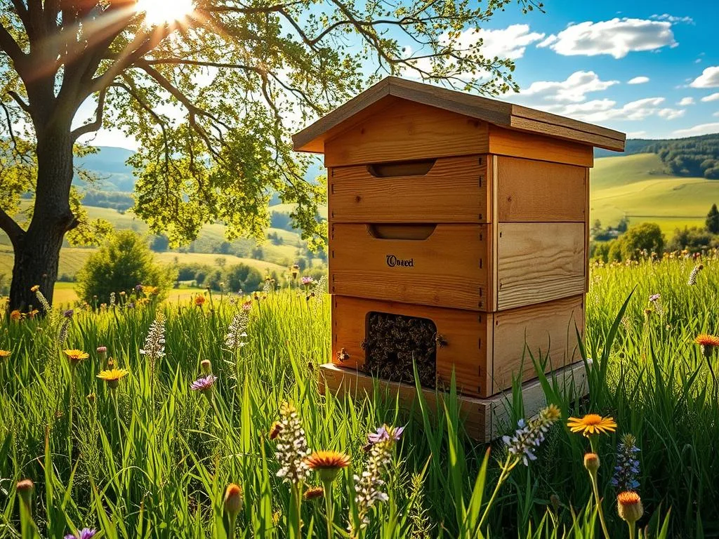 A well-crafted wooden "Apicoltura" beehive nestled in a lush, verdant meadow. Sunlight filters through the trees, casting a warm, golden glow over the scene. In the foreground, a swarm of honeybees buzz around the hive's entrance, while in the middle ground, colorful wildflowers sway gently in the breeze. The background features rolling hills and a cloudless blue sky, creating a serene and tranquil atmosphere. The image captures the essence of a traditional Italian apicolture, highlighting the natural harmony between bees, their hive, and the surrounding environment.