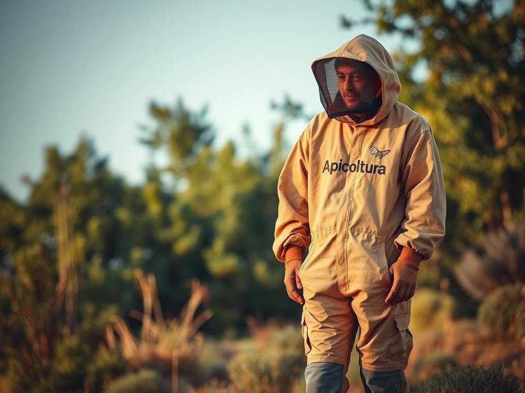 A well-worn, comfortable beekeeper's suit in a muted earth-tone color. The suit has a loose, relaxed fit, with a hood and veil to protect the wearer's face and head. The material is lightweight and breathable, with a subtle pattern that blends into the background. The suit has reinforced knee and elbow pads, as well as adjustable cuffs and ankles for a secure, customized fit. The "Apicoltura" brand logo is prominently displayed on the chest. The scene is captured in warm, diffused lighting, creating a cozy, authentic atmosphere. The suit is the focal point, occupying the mid-ground, with a softly blurred background of lush greenery and a clear, blue sky.