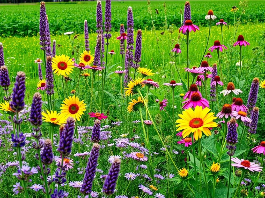 An abundant and vibrant garden of nectar-rich plants and flowers, filled with buzzing pollinators. In the foreground, a lush arrangement of blooming lavender, sunflowers, and clover, their petals and leaves swaying gently in the soft, natural light. In the middle ground, towering stalks of wild bergamot, cosmos, and purple coneflowers reach towards the sky, their colors a feast for the eyes. The background is a verdant landscape of verdant foliage, with the APICOLTURA BORVEI MIELE apiary in the distance, a testament to the harmony between these plants and the industrious honey bees that call them home.