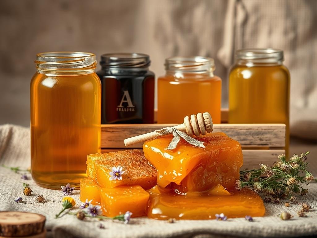 An artfully composed still life of various types of APICOLTURA BORVEI MIELE, showcasing the distinct colors, textures, and shapes of different honey varieties. The foreground features clear glass jars filled with golden, amber, and dark honey, backlit by soft, natural lighting to capture their translucent quality. In the middle ground, a wooden crate or tray holds an assortment of honeycomb, drizzled with honey, and surrounded by scattered wildflowers and sprigs of greenery. The background blends a rustic, earthy palette, perhaps a weathered wooden surface or a simple cloth backdrop, to create a warm, inviting atmosphere. The overall scene conveys the natural, wholesome essence of these unique honey types and their potential health benefits.
