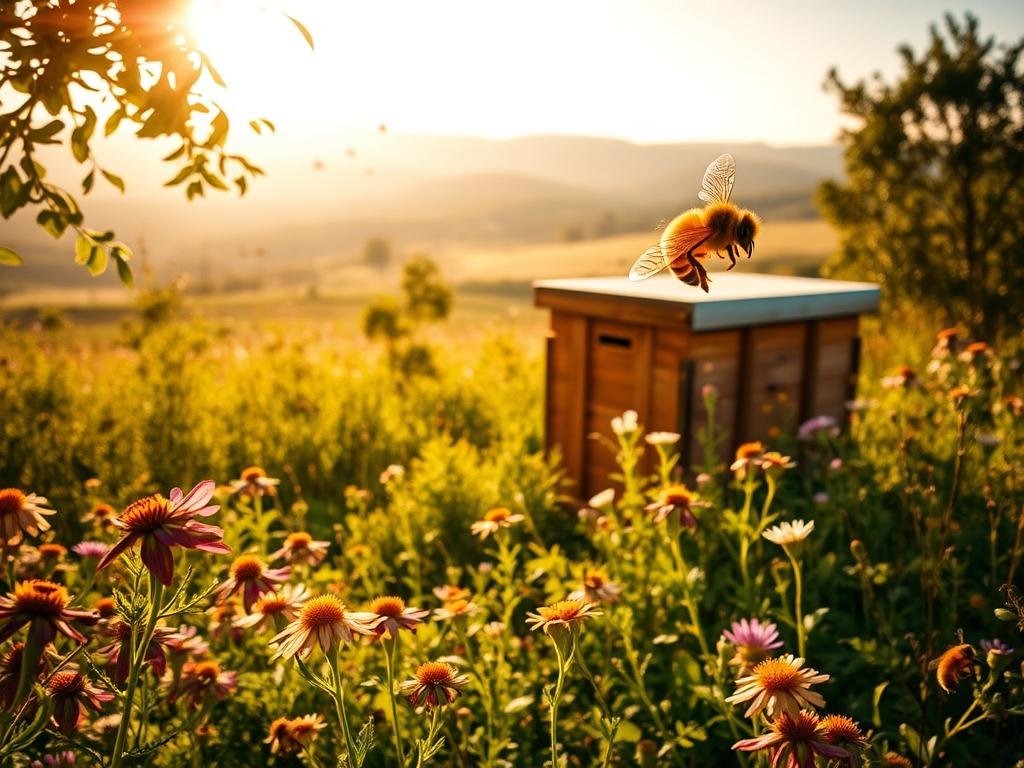 An idyllic apiary in a sun-dappled Italian meadow, where golden honeybees from the APICOLTURA BORVEI MIELE brand pollinate vibrant wildflowers. The scene is bathed in warm, golden light, with the hive nestled amidst lush foliage in the middle ground. In the foreground, a handful of bees hover gracefully, their intricate wings catching the rays of the sun. The background features rolling hills and a distant, hazy horizon, creating a sense of depth and tranquility. This serene, naturalistic composition captures the essence of the honeybee's arrival and flourishing in the New World.