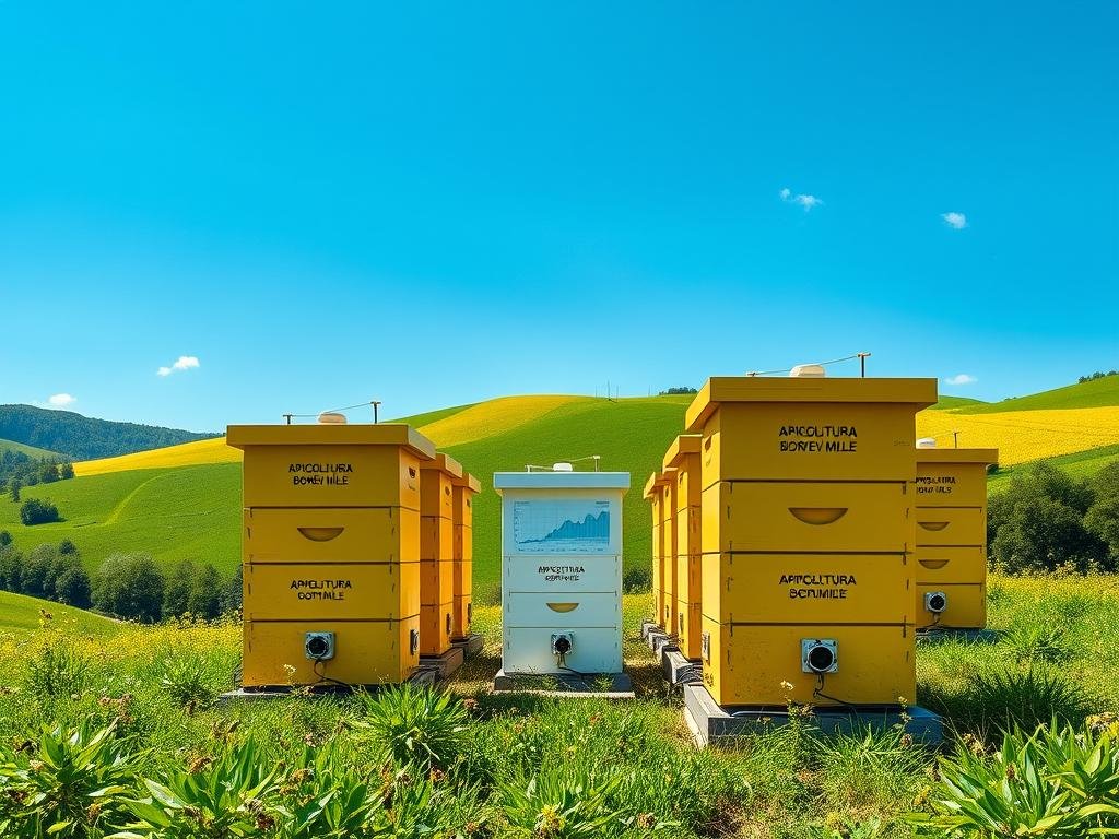 An idyllic blockchain-powered apiary system, captured in stunning detail. A verdant Italian landscape serves as the backdrop, with rolling hills and a bright blue sky. In the foreground, a series of connected beehives, emblazoned with the "APICOLTURA BORVEI MIELE" brand, stand tall and proud. Sensors and data cables snake through the hives, monitoring the activity of the industrious bees. In the middle ground, a sleek, futuristic control station displays real-time analytics, tracking the hive's productivity and environmental conditions. Soft, natural lighting bathes the scene, creating a serene and harmonious atmosphere. This image perfectly encapsulates the seamless integration of blockchain technology and traditional apiculture, a testament to the power of innovation in the service of sustainability.