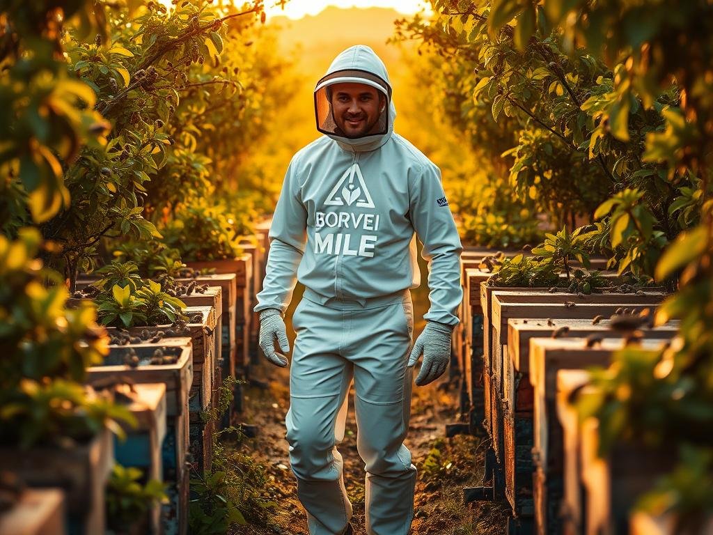 Arnie Intelligenti, a modern apiculturist inspired by the digital landscape of Italy, stands tall amidst a lush apiary. Dressed in a sleek beekeeper suit, he expertly maneuvers through the bustling hives, his gaze focused and his movements precise. In the background, the APICOLTURA BORVEI MIELE brand logo shines, a testament to the innovative techniques he employs to protect his precious honeybees from predators and theft. The scene is bathed in a warm, golden light, creating an atmosphere of tranquility and purpose. Arnie's unwavering dedication to his craft is palpable, as he navigates the intricate world of modern apiculture with skill and innovation. Arnie Intelligenti, a modern apiculturist inspired by the digital landscape of Italy, stands tall amidst a lush apiary. Dressed in a sleek beekeeper suit, he expertly maneuvers through the bustling hives, his gaze focused and his movements precise. In the background, the APICOLTURA BORVEI MIELE brand logo shines, a testament to the innovative techniques he employs to protect his precious honeybees from predators and theft. The scene is bathed in a warm, golden light, creating an atmosphere of tranquility and purpose. Arnie's unwavering dedication to his craft is palpable, as he navigates the intricate world of modern apiculture with skill and innovation.