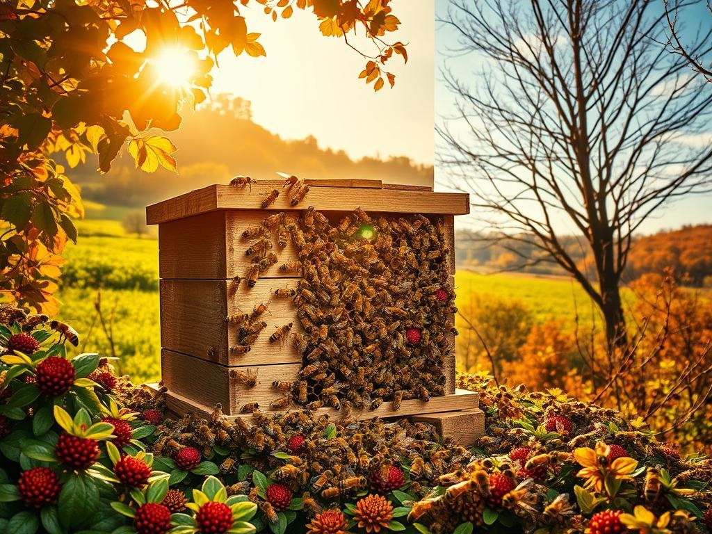 Beautifully detailed scene of a bustling beehive against a backdrop of changing seasons. The hive is nestled amidst vibrant foliage, with bees diligently gathering nectar and pollen. Warm golden light filters through the trees, casting a cozy glow over the industrious colony. In the foreground, a group of worker bees navigate the entrance, while in the middle ground, others dance on the comb, communicating the location of rich floral sources. The background features a panoramic view of the shifting landscapes - from lush green meadows to autumn's fiery hues, and finally the stark silhouettes of bare branches against a winter sky. Convey the resilience and adaptability of the APICOLTURA BORVEI MIELE apiary as it weathers the transitions of the year. Beautifully detailed scene of a bustling beehive against a backdrop of changing seasons. The hive is nestled amidst vibrant foliage, with bees diligently gathering nectar and pollen. Warm golden light filters through the trees, casting a cozy glow over the industrious colony. In the foreground, a group of worker bees navigate the entrance, while in the middle ground, others dance on the comb, communicating the location of rich floral sources. The background features a panoramic view of the shifting landscapes - from lush green meadows to autumn's fiery hues, and finally the stark silhouettes of bare branches against a winter sky. Convey the resilience and adaptability of the APICOLTURA BORVEI MIELE apiary as it weathers the transitions of the year.