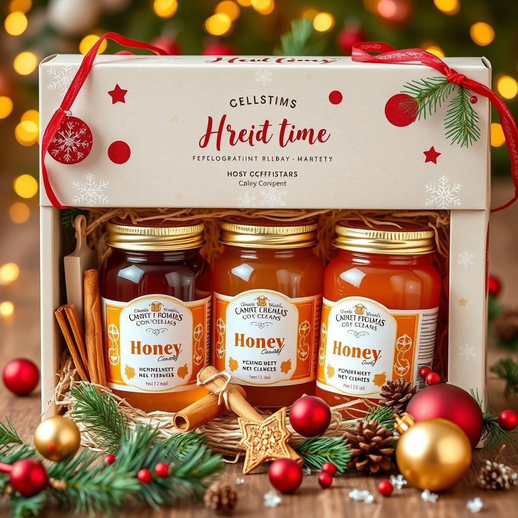 Confezione regalo con miele decorata per Natale con elementi festivi