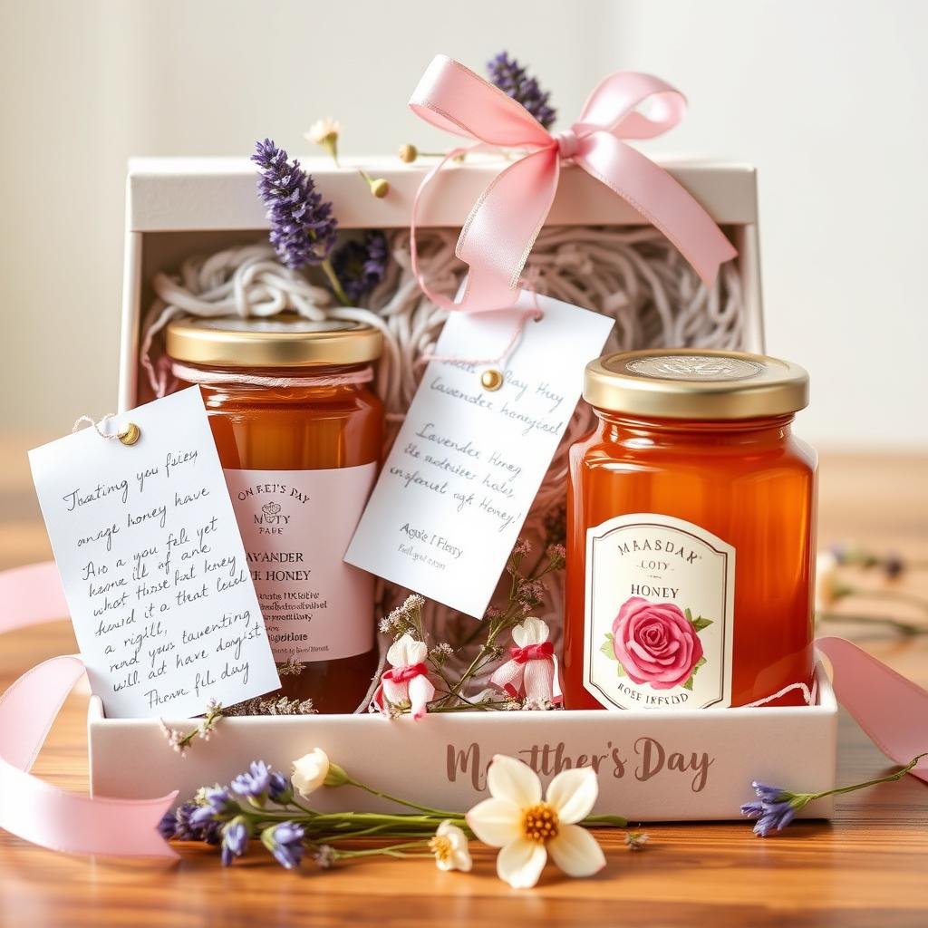 Confezione regalo con miele per la festa della mamma con fiori e dettagli femminili