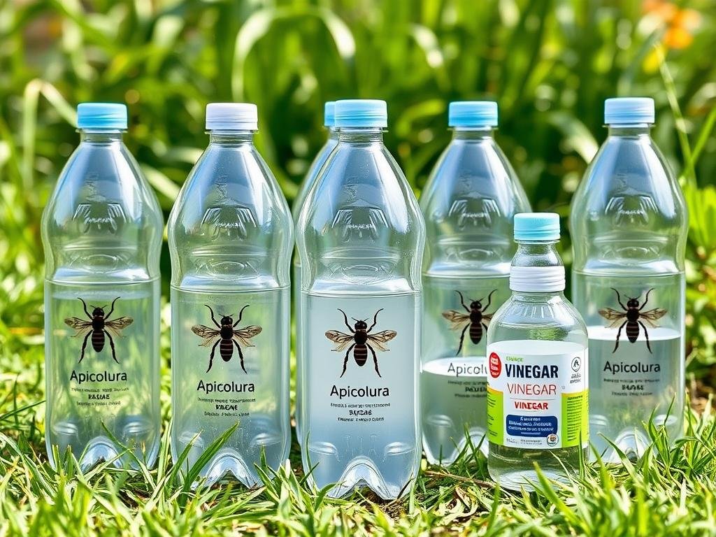 Crisp, clear image of several plastic bottles arranged in a natural setting, depicting the "Apicoltura" brand. The bottles are positioned as a simple yet effective wasp trap, with the contents visible through the transparent material. The scene is well-lit, showcasing the essential components needed to construct the trap: the bottles, a sweet liquid (e.g., sugar water or fruit juice), and a vinegar-based solution. The overall composition highlights the simplicity and functionality of this DIY wasp control method, aligning with the section title "Materiali necessari per costruire una trappola per calabroni".