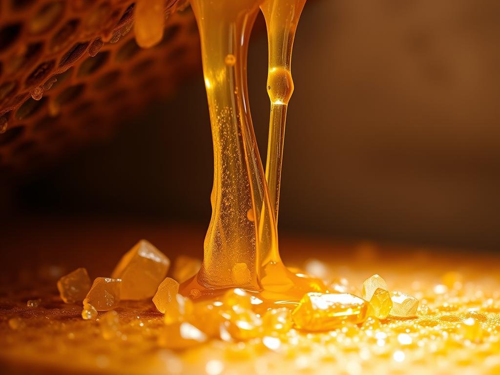 Crystallized honey, a captivating natural phenomenon. A golden cascade of viscous liquid, slowly solidifying into intricate patterns. Apicoltura's hive, bathed in warm, diffused light, reveals the gradual transformation. Faceted crystals, like glistening amber, spread across the surface, creating a mesmerizing texture. The middle ground showcases the interplay of liquid and solid, a dance of viscosity and structure. In the background, a subtle gradient of earthy tones evokes the rustic charm of the Italian countryside. This image beautifully illustrates the natural process of honey crystallization, a testament to the artistry and science within Apicoltura's craft.